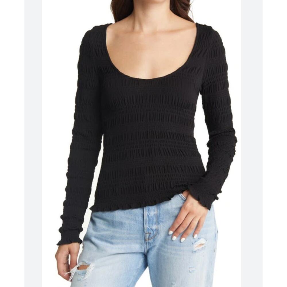 FRAME Smocked Scoop Neck Top NWOT sz XS black, noir